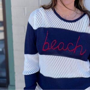 Like New Navy Blue & Cream White Open-Knit Crewneck Sweater Red Beach